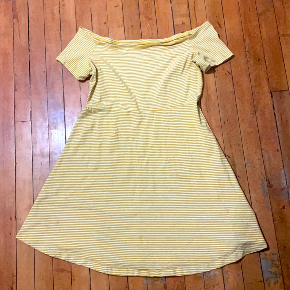 off the shoulder yellow stripe dress